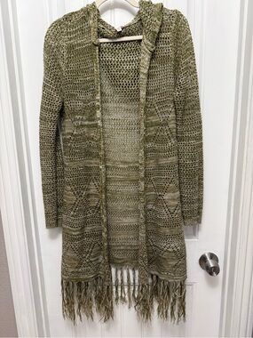 Bongo Womens Large Olive Knit Cardigan Crocheted Hooded Sweater Boho (55-4)